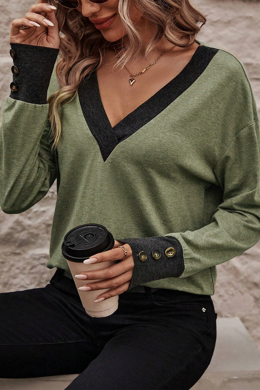 Moss Green Contrast V Neck Button Decor Long Sleeve Top