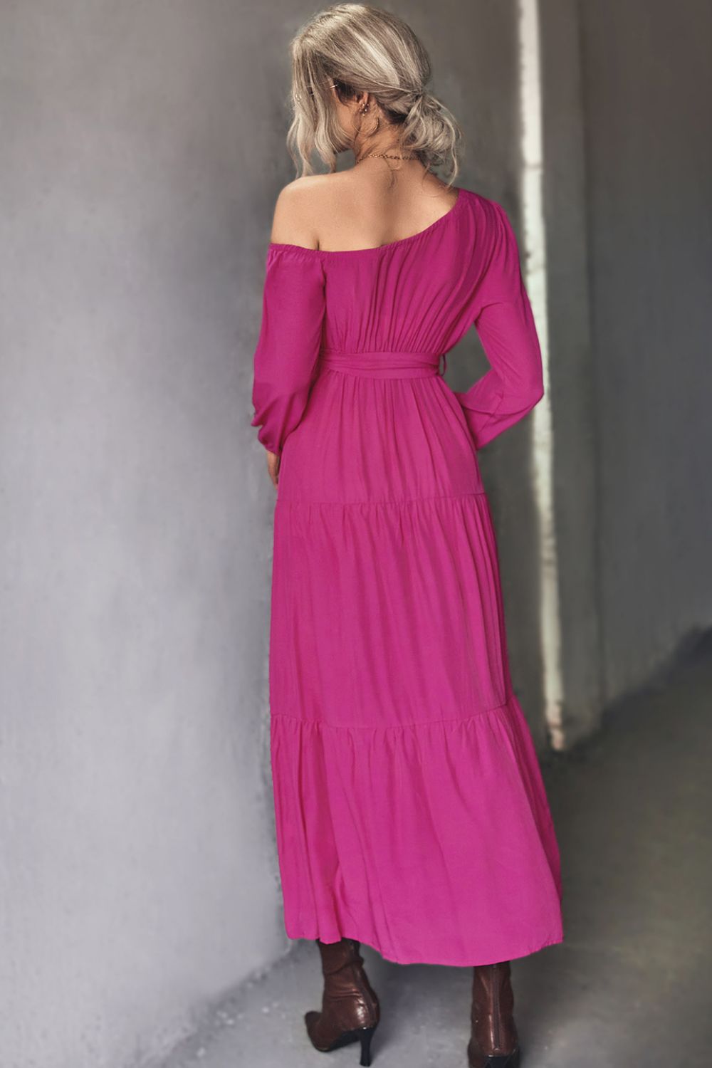 Belted One-Shoulder Tiered Maxi Dress