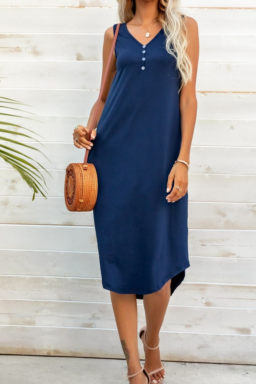 Buttoned V-Neck Curved Hem Sleeveless Dress