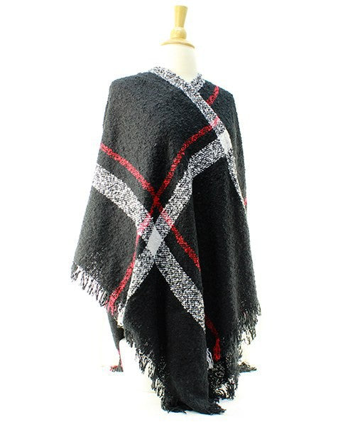 Plaid Checker Pattern Distressed Woven Shawl Cape