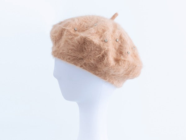 RHINESTONE FAUX FUR BERET HAT