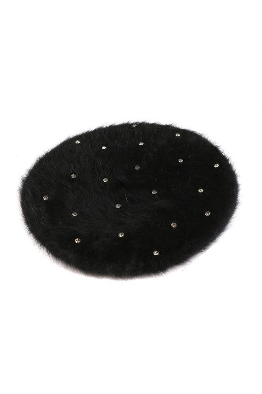 RHINESTONE FAUX FUR BERET HAT