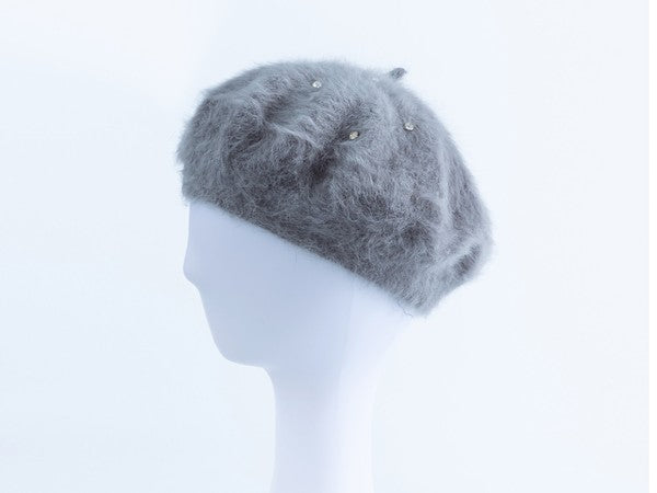 RHINESTONE FAUX FUR BERET HAT