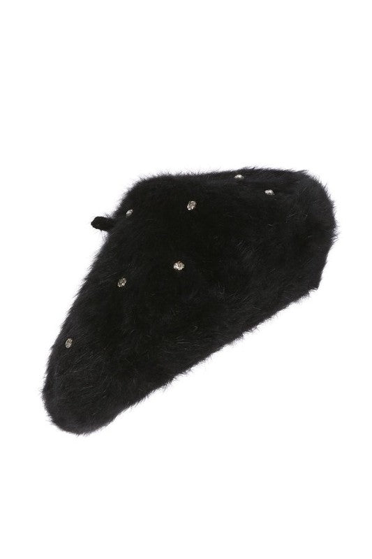 RHINESTONE FAUX FUR BERET HAT