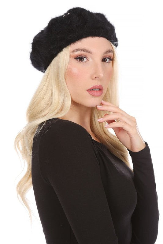 RHINESTONE FAUX FUR BERET HAT