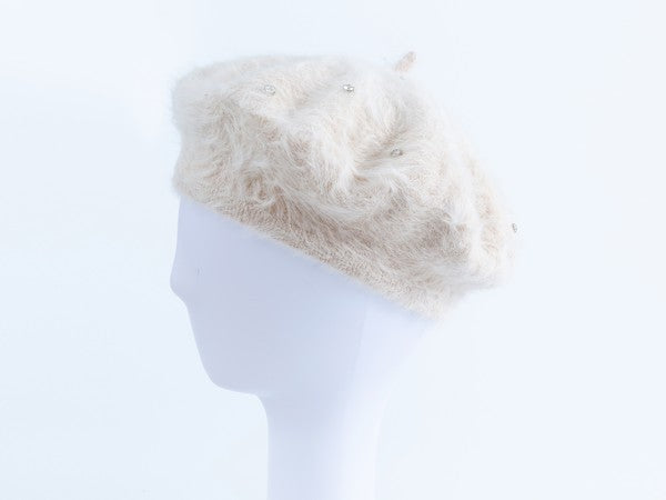 RHINESTONE FAUX FUR BERET HAT