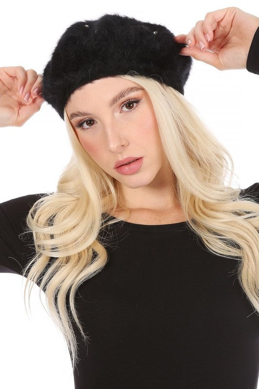 RHINESTONE FAUX FUR BERET HAT