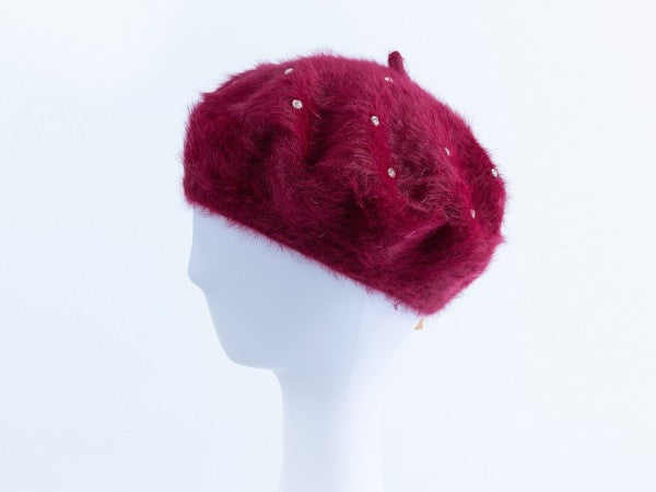 RHINESTONE FAUX FUR BERET HAT