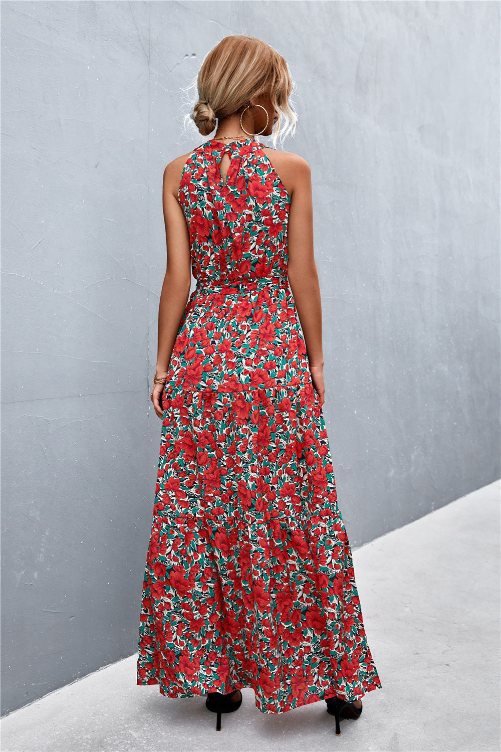 Printed Sleeveless Tie Waist Maxi Dress