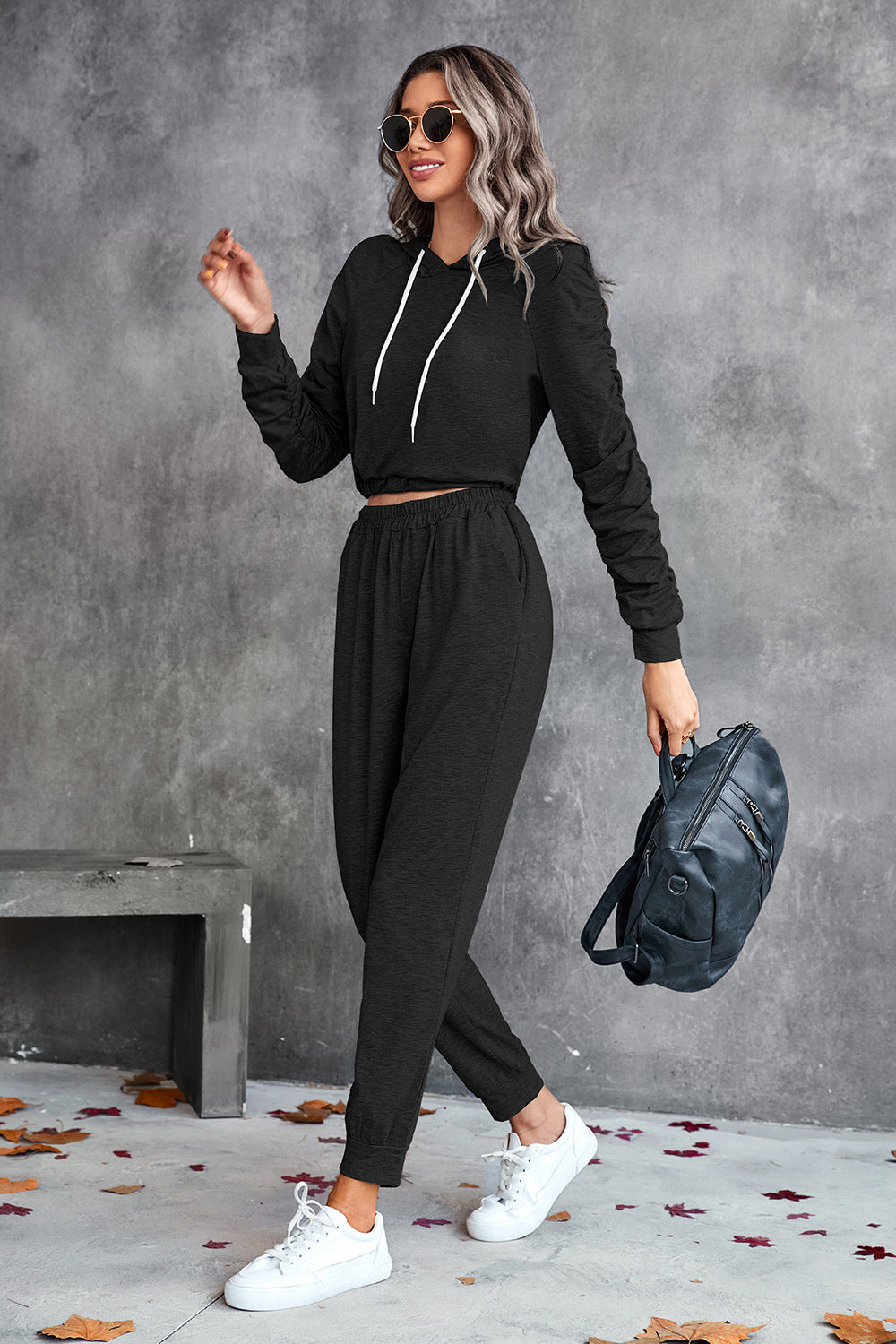 Ruched Raglan Sleeve Hoodie and Joggers Set