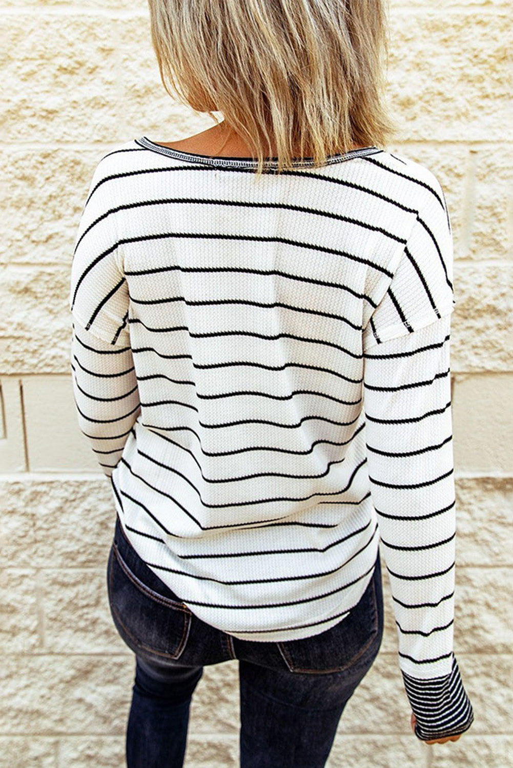 Striped Waffle Knit Henley Long Sleeve Top