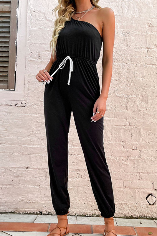 One-Shoulder Drawstring Waist Jogger Jumpsuit