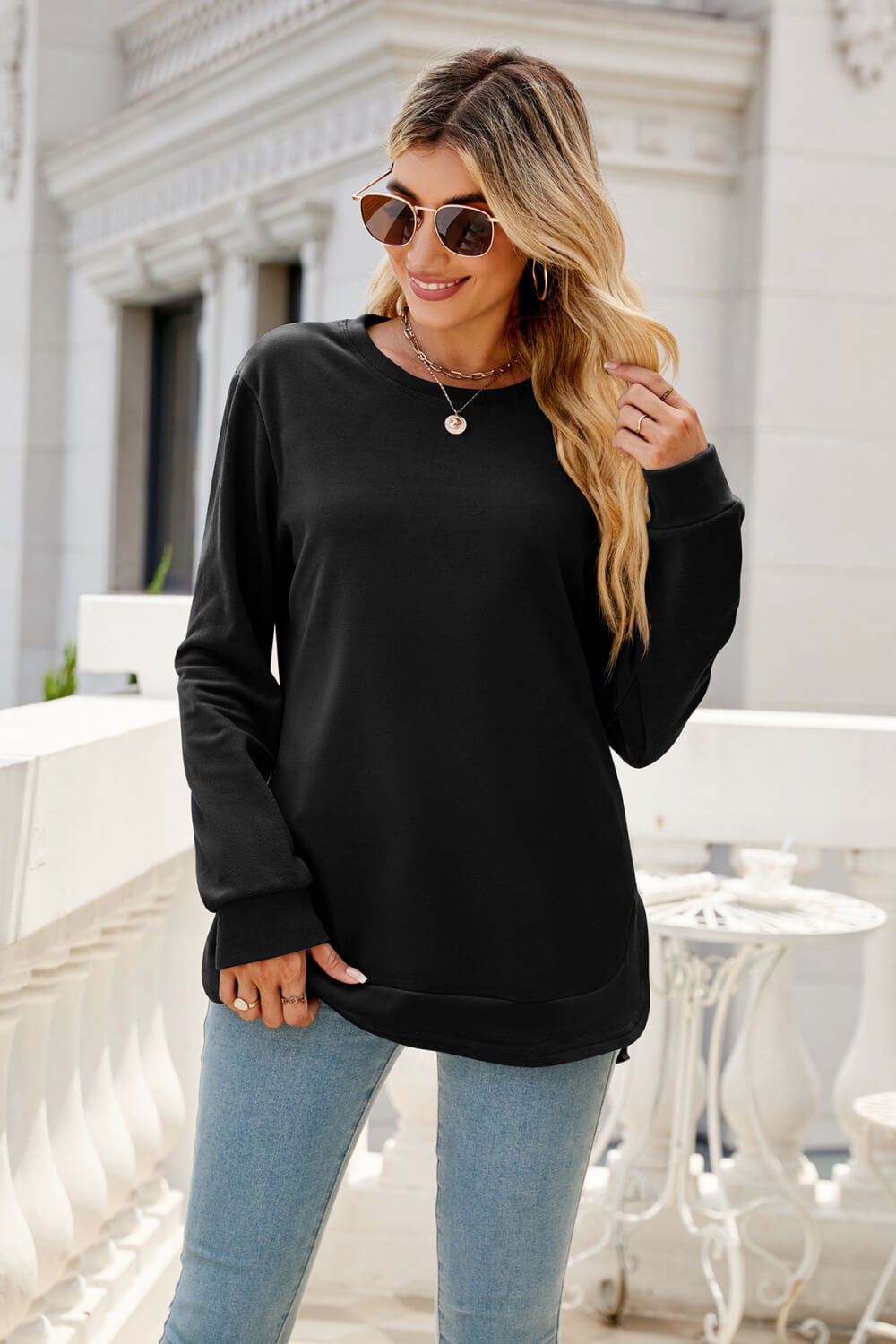 Round Neck Slit Tunic Top