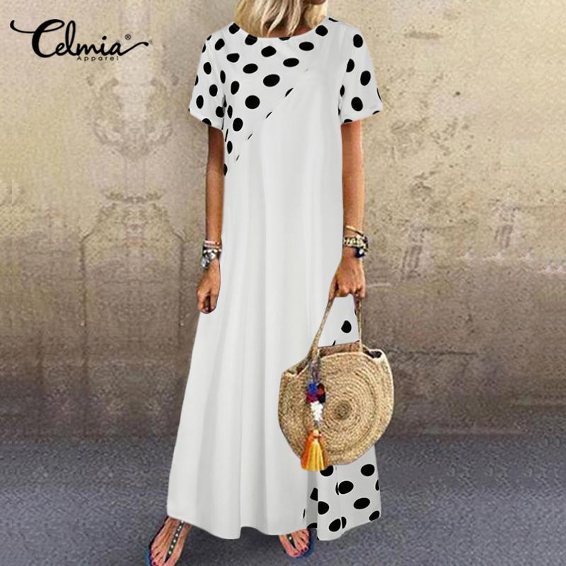 Women Party Summer Long Dress 2022 Celmia Polka Dot Print Maxi Sundress Bohemian Short Sleeve Casual Loose Vestidos O-neck Robe