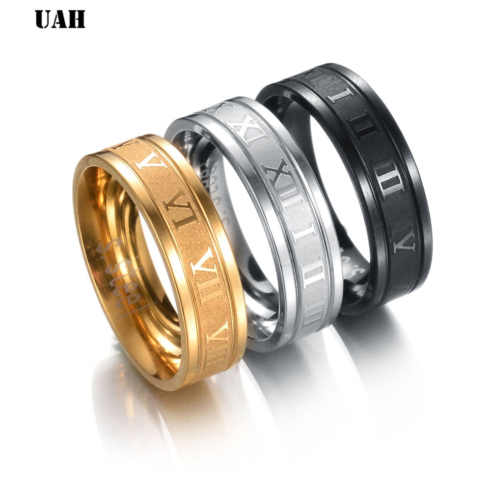 UAH 6 mm 316L Stainless Steel Wedding Band Ring Roman Numerals Gold Black Cool Punk Rings for Men Women Fashion Jewelry