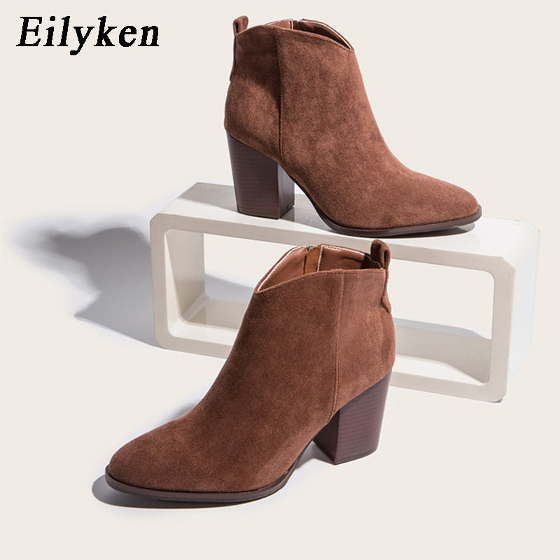 Eilyken 2022 Autumn Faux Suede Ankle Boots Women High Heel Side zipper High top Stacked Block Heel Short Western Cowboy Booties