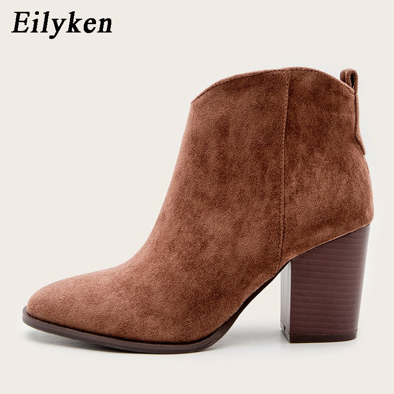 Eilyken 2022 Autumn Faux Suede Ankle Boots Women High Heel Side zipper High top Stacked Block Heel Short Western Cowboy Booties