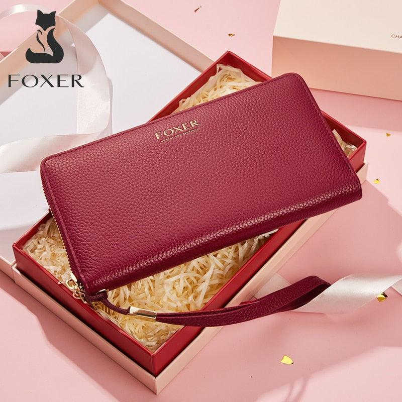 FOXER Women Split Cow Leather Long Wallet Ladies Luxury Card Holder Slot Money Bag Cowhide Phone Bag Simple Purse Female ID Case