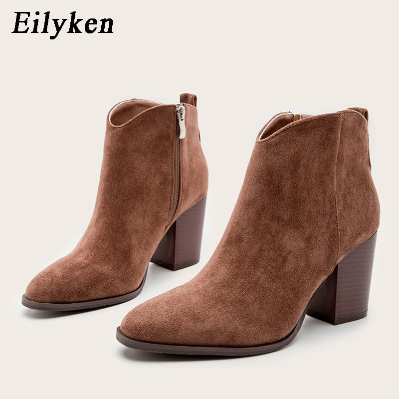 Eilyken 2022 Autumn Faux Suede Ankle Boots Women High Heel Side zipper High top Stacked Block Heel Short Western Cowboy Booties