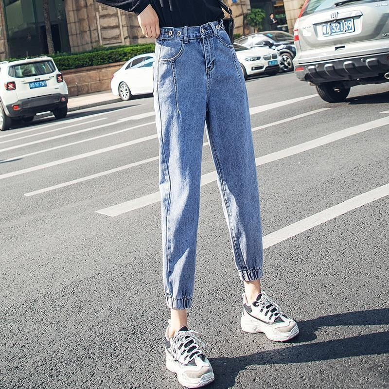 High waisted jeans women spring 2021 new loose tight fitting waist leggings feet thin nine points harem pants ins net red trend