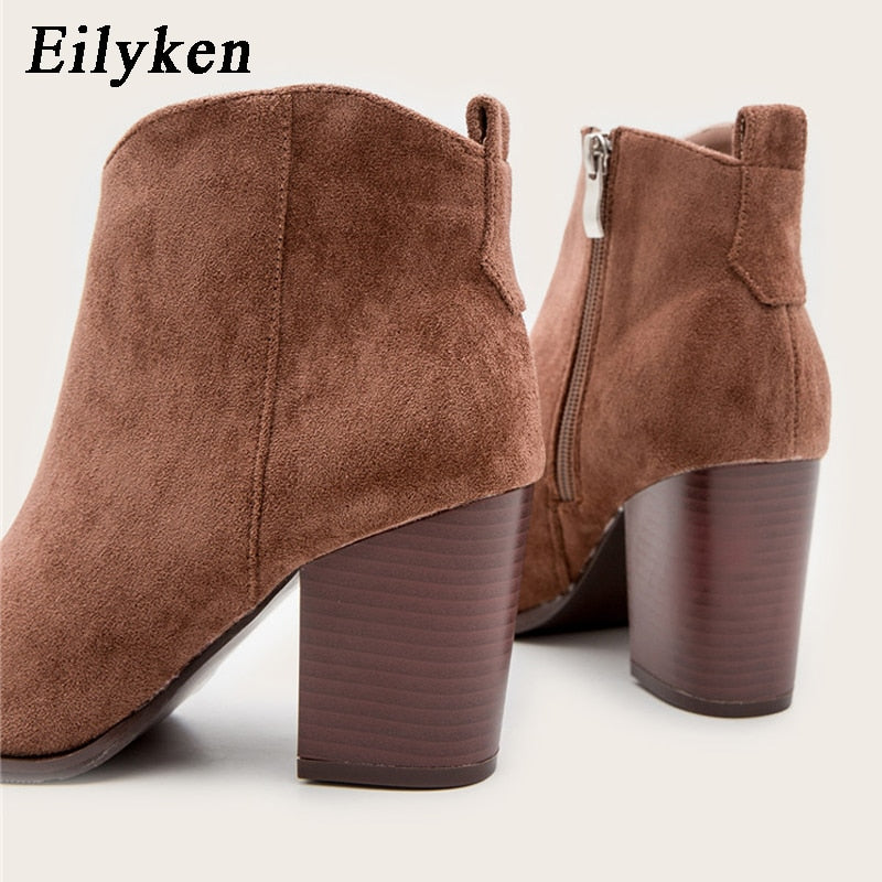 Eilyken 2022 Autumn Faux Suede Ankle Boots Women High Heel Side zipper High top Stacked Block Heel Short Western Cowboy Booties