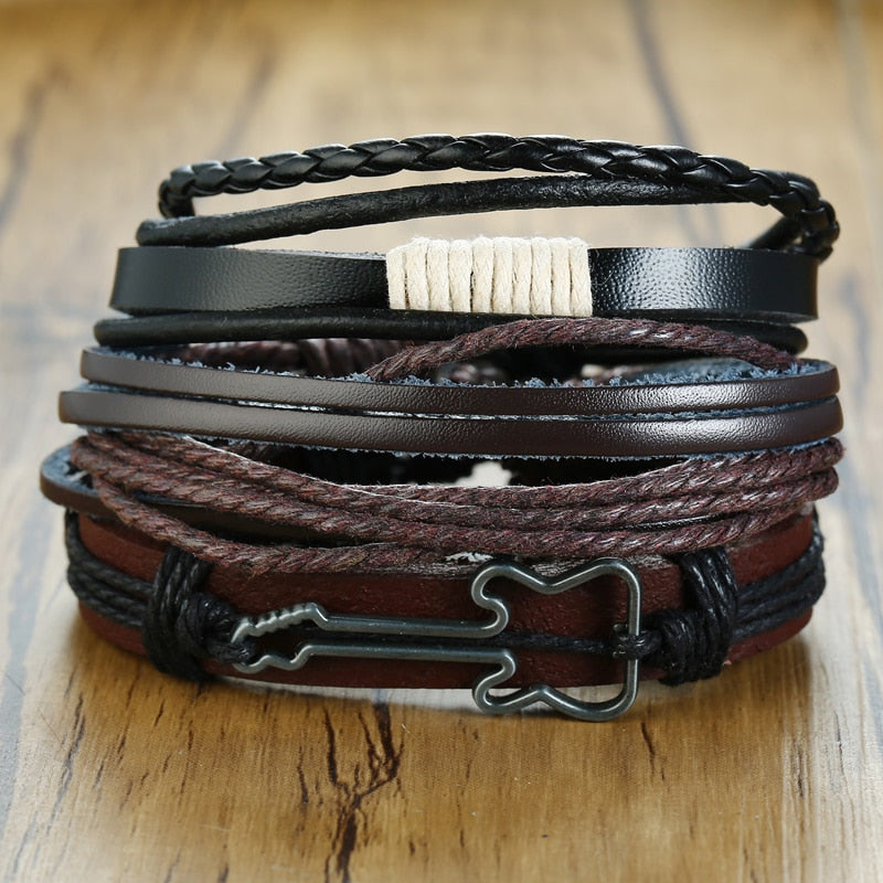 Vnox 4Pcs/ Set Braided Wrap Leather Bracelets for Men Vintage Life Tree Rudder Charm Wood Beads Ethnic Tribal Wristbands