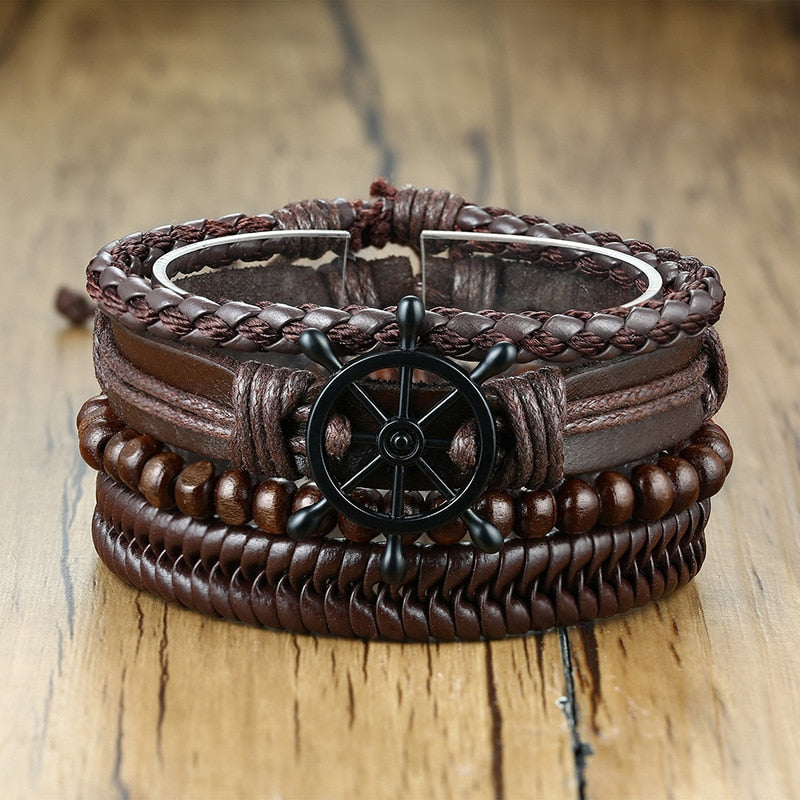 Vnox 4Pcs/ Set Braided Wrap Leather Bracelets for Men Vintage Life Tree Rudder Charm Wood Beads Ethnic Tribal Wristbands