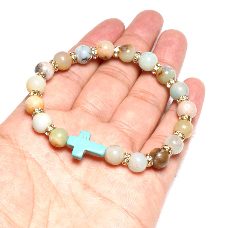 Moon Girl Amazonite Stone 8mm Beaded Cross Bracelets Femme Black Lava Stone Yoga Charm Girls Bracelet For Women Drop Shipping