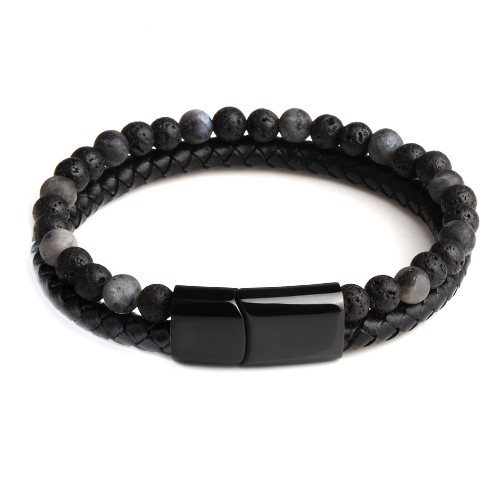 Natural Stone Bracelets Genuine Leather Braided Bracelets Black Stainless Steel Magnetic Clasp Tiger eye Bead Bangle Men Jewelry