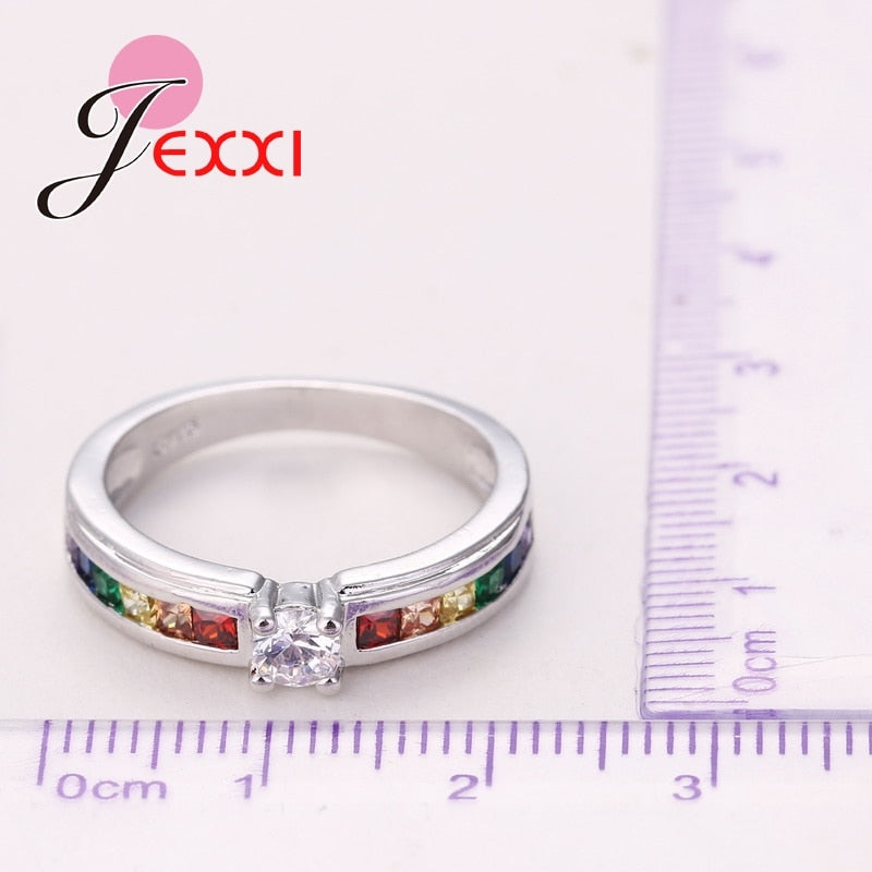 Vintage 925 Sterling Silver Rainbow Crystal Rings For Women Girls Wedding Engagement Fashion Jewelry Wholesale