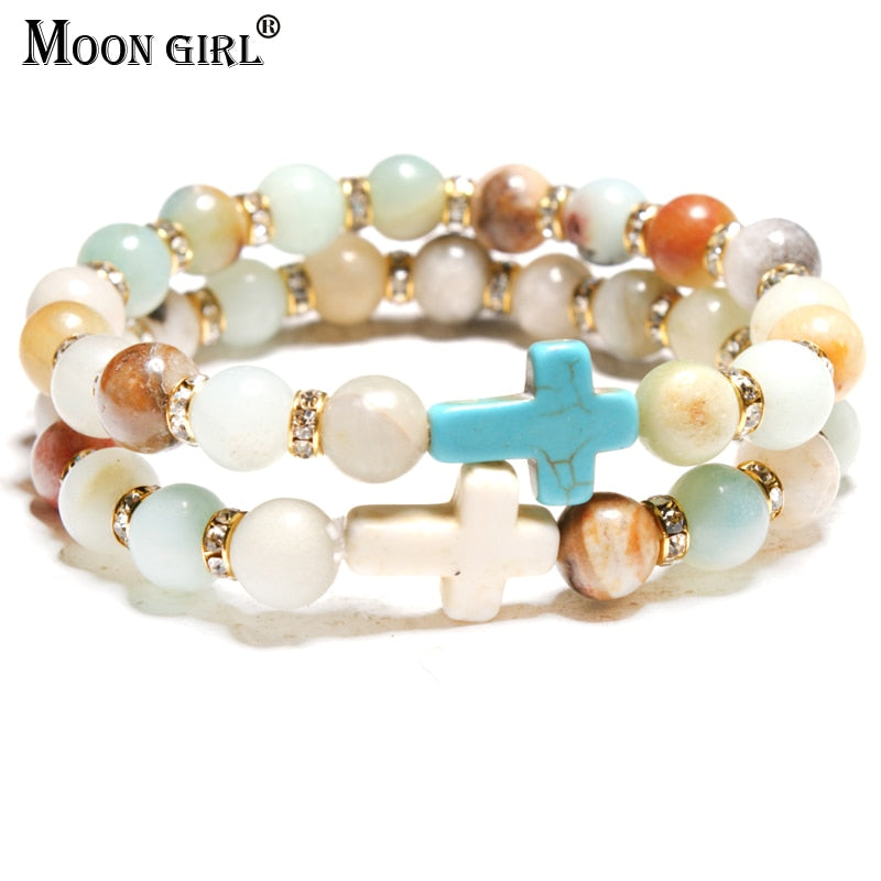 Moon Girl Amazonite Stone 8mm Beaded Cross Bracelets Femme Black Lava Stone Yoga Charm Girls Bracelet For Women Drop Shipping