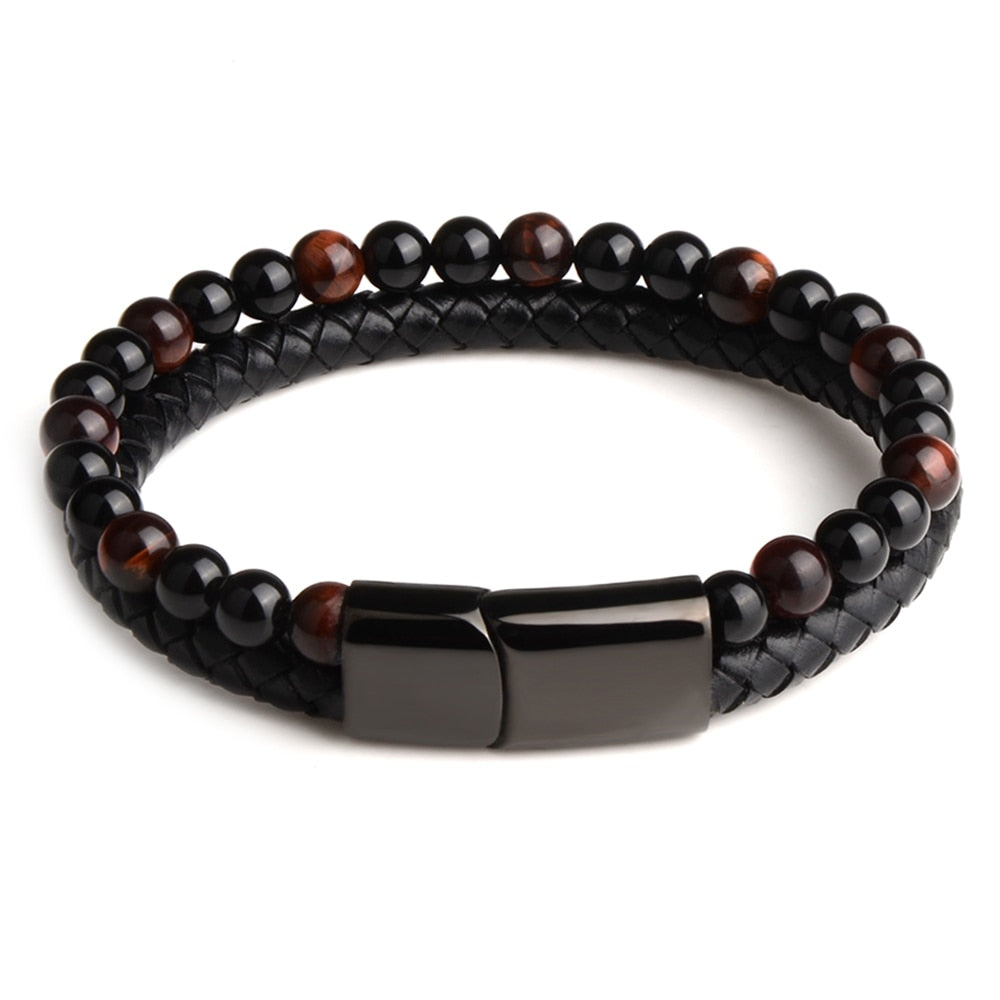 Natural Stone Bracelets Genuine Leather Braided Bracelets Black Stainless Steel Magnetic Clasp Tiger eye Bead Bangle Men Jewelry