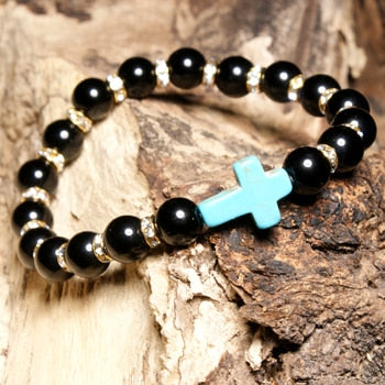 Moon Girl Amazonite Stone 8mm Beaded Cross Bracelets Femme Black Lava Stone Yoga Charm Girls Bracelet For Women Drop Shipping