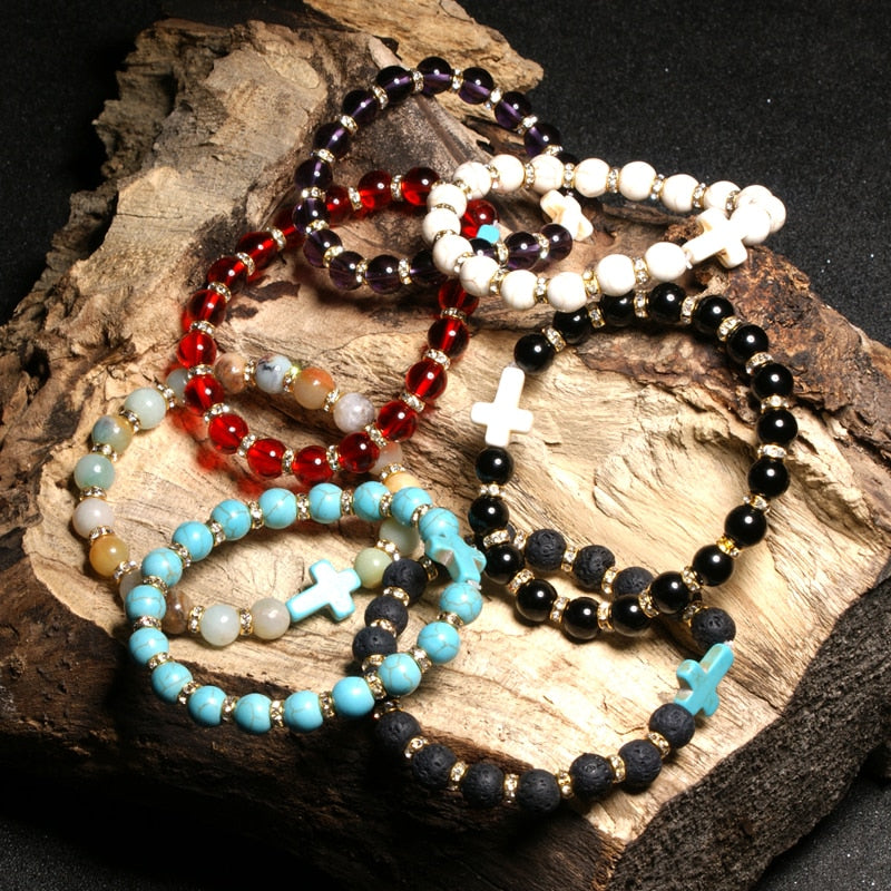 Moon Girl Amazonite Stone 8mm Beaded Cross Bracelets Femme Black Lava Stone Yoga Charm Girls Bracelet For Women Drop Shipping