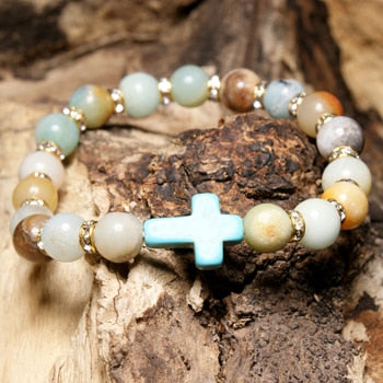 Moon Girl Amazonite Stone 8mm Beaded Cross Bracelets Femme Black Lava Stone Yoga Charm Girls Bracelet For Women Drop Shipping