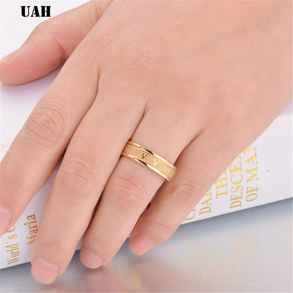 UAH 6 mm 316L Stainless Steel Wedding Band Ring Roman Numerals Gold Black Cool Punk Rings for Men Women Fashion Jewelry