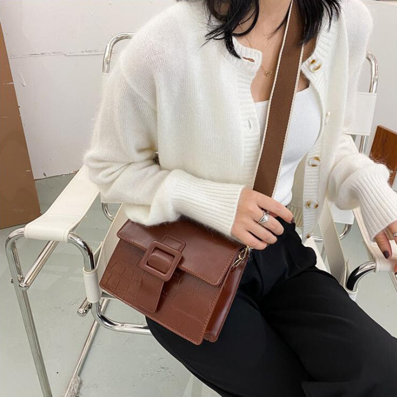 New Stone Pattern Shoulder Bag Fashion Designer Handbags Wide Strap Crossbody Bags for Women Travel Flap Lady Hand Bag