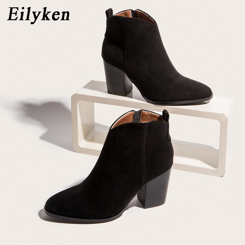 Eilyken 2022 Autumn Faux Suede Ankle Boots Women High Heel Side zipper High top Stacked Block Heel Short Western Cowboy Booties