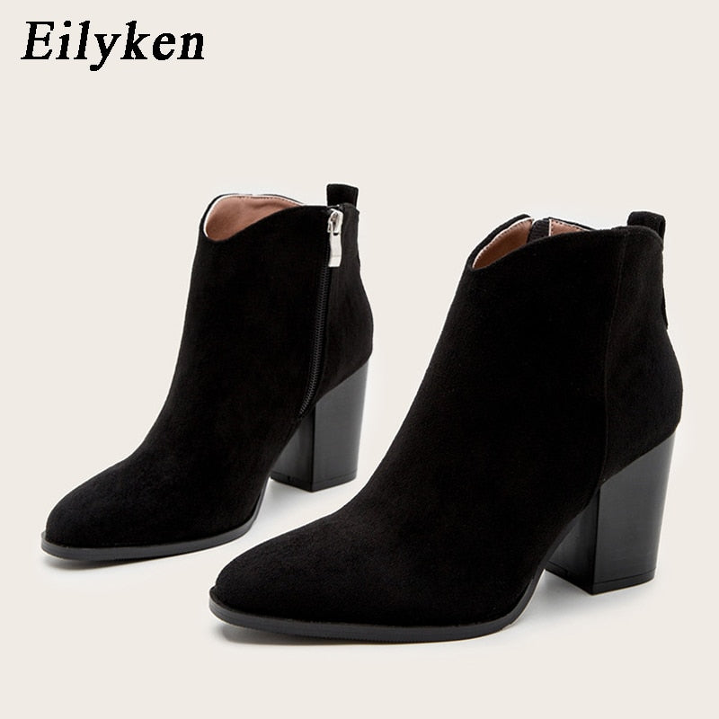 Eilyken 2022 Autumn Faux Suede Ankle Boots Women High Heel Side zipper High top Stacked Block Heel Short Western Cowboy Booties