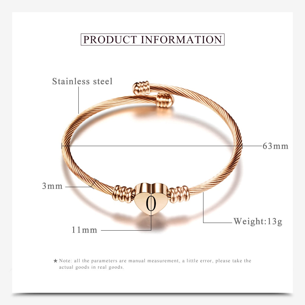 Rose gold Color Stainless Steel Heart Bracelet Bangle With Letter Fashion Initial Alphabet Charms Bracelets For Women