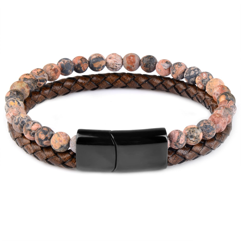 Natural Stone Bracelets Genuine Leather Braided Bracelets Black Stainless Steel Magnetic Clasp Tiger eye Bead Bangle Men Jewelry