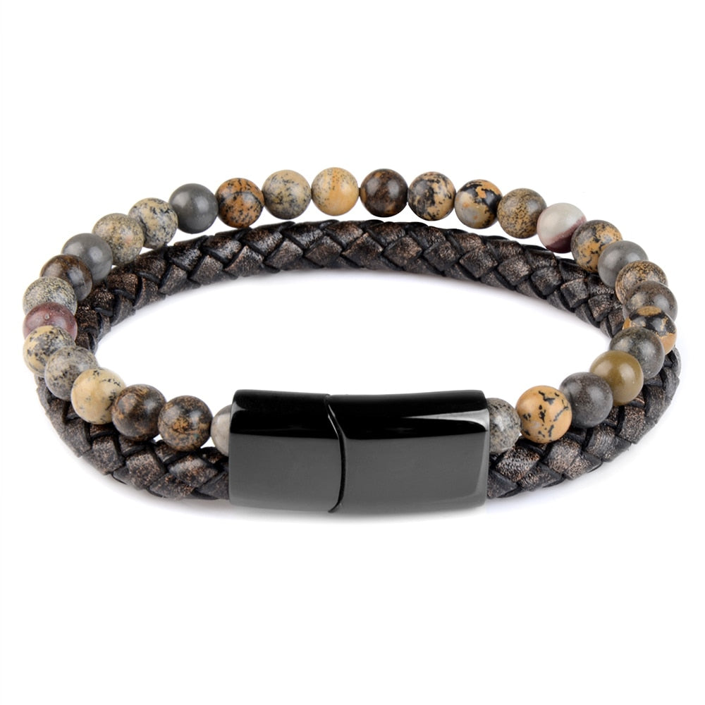 Natural Stone Bracelets Genuine Leather Braided Bracelets Black Stainless Steel Magnetic Clasp Tiger eye Bead Bangle Men Jewelry