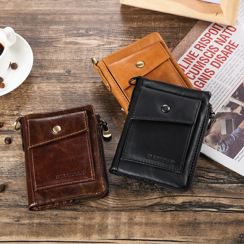 New RFID Protection Genuine Leather Men Wallet Coin Purse Small Short Card Holder Chain PORTFOLIO Portomonee Male Walet Pocket