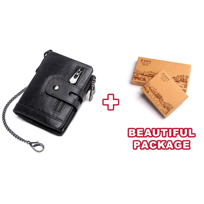 Free Engraving Cowhide Genuine Leather Men Wallet Coin Purse Mini Card Holder Chain PORTFOLIO Portomonee Male Walet Pocket Chain