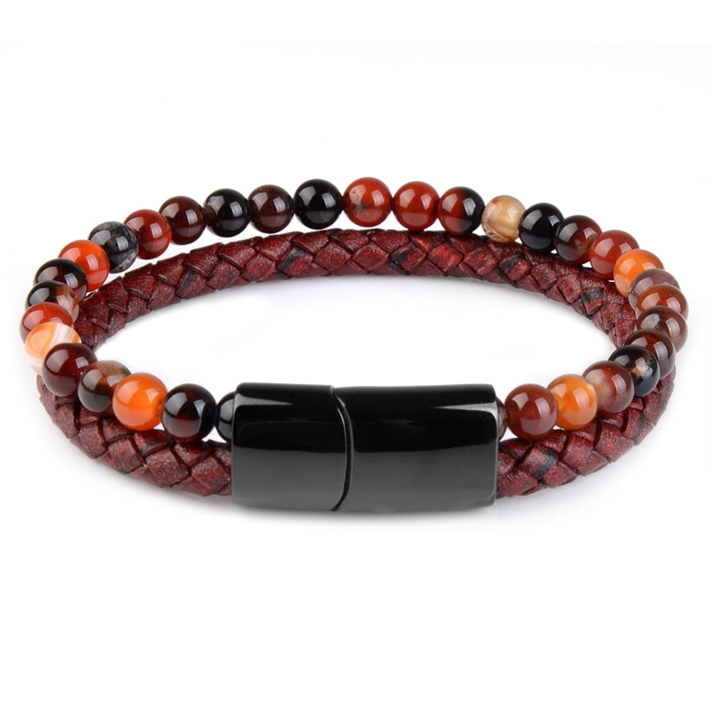 Natural Stone Bracelets Genuine Leather Braided Bracelets Black Stainless Steel Magnetic Clasp Tiger eye Bead Bangle Men Jewelry