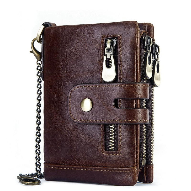 Free Engraving Cowhide Genuine Leather Men Wallet Coin Purse Mini Card Holder Chain PORTFOLIO Portomonee Male Walet Pocket Chain