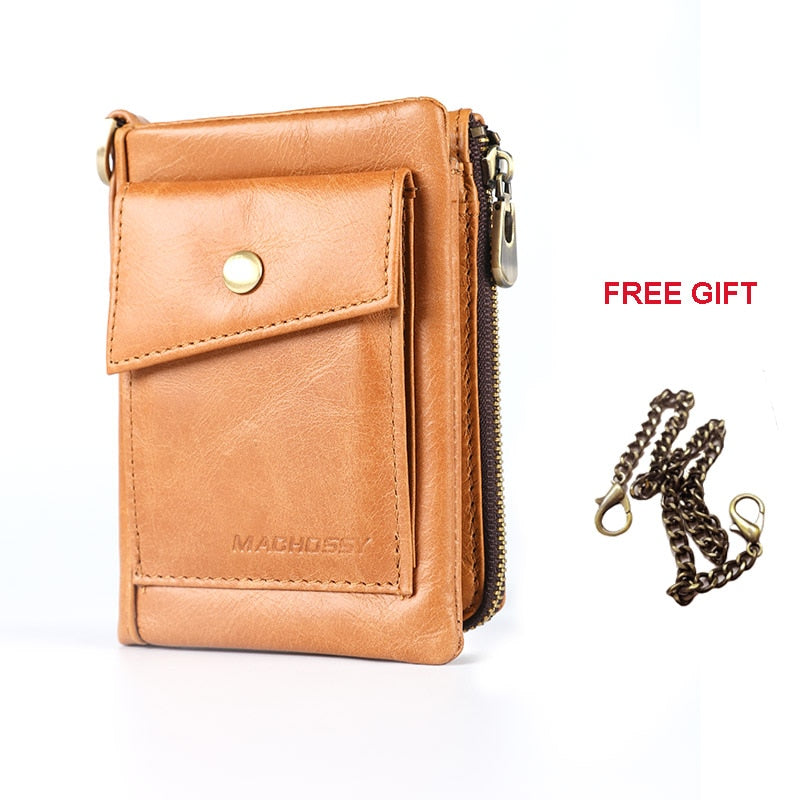 New RFID Protection Genuine Leather Men Wallet Coin Purse Small Short Card Holder Chain PORTFOLIO Portomonee Male Walet Pocket