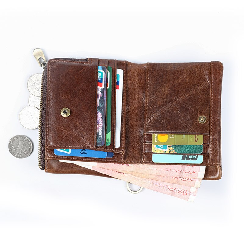 New RFID Protection Genuine Leather Men Wallet Coin Purse Small Short Card Holder Chain PORTFOLIO Portomonee Male Walet Pocket