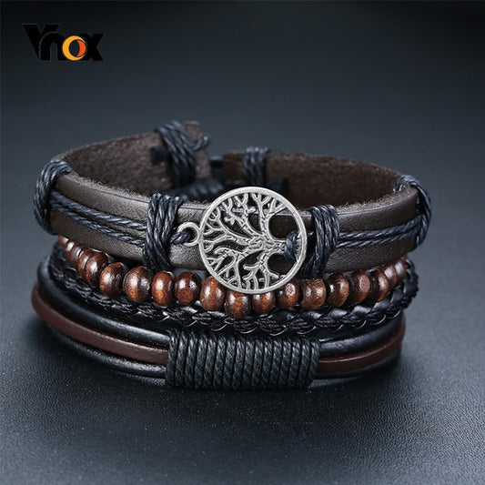 Vnox 4Pcs/ Set Braided Wrap Leather Bracelets for Men Vintage Life Tree Rudder Charm Wood Beads Ethnic Tribal Wristbands