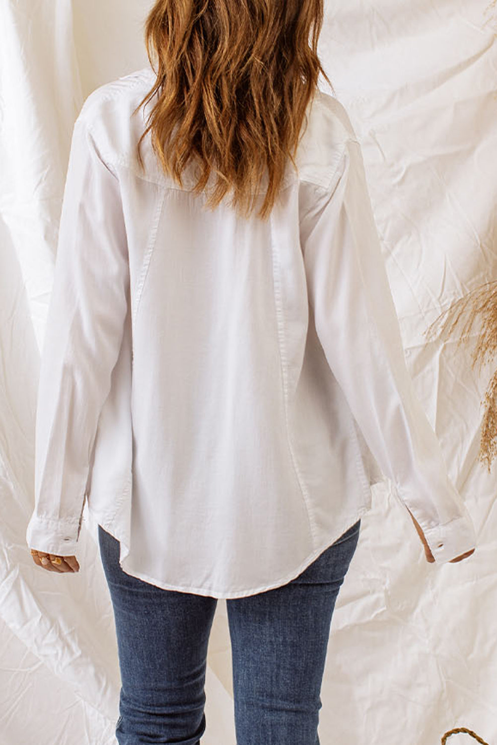 Button Down Curved Hem Long Sleeve Shirt